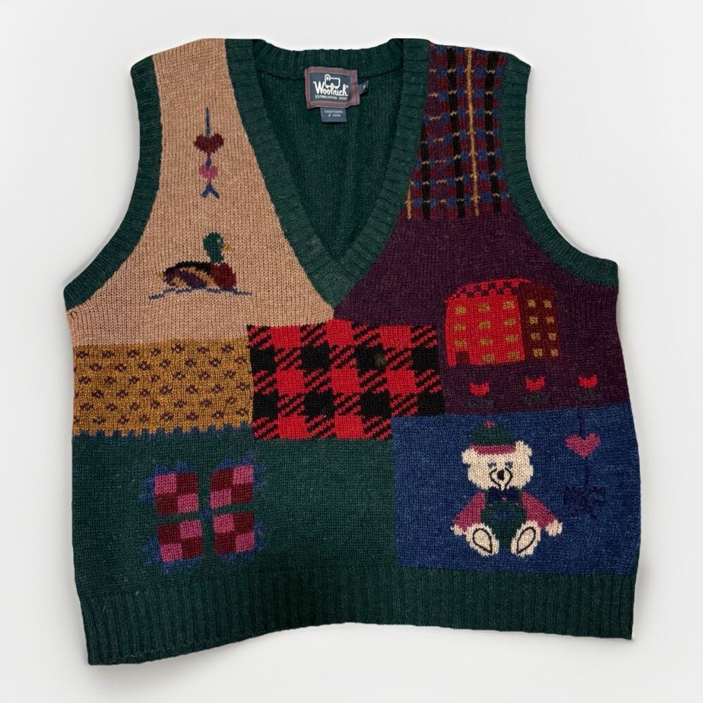 WOOLRICH 100% Wool Sweater Vest Mallard Size M V Neck Teacher